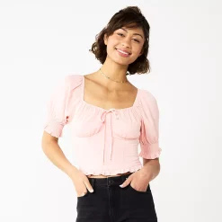 Juniors' SO® Cropped Tie-Front Puff Top -Teens shop 5559527 Pink Lychee