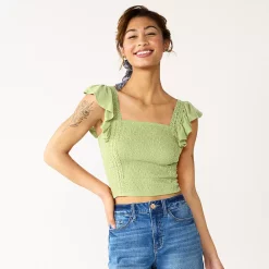 Juniors' SO® Crochet Trim Smocked Top -Teens shop 5572846 Gabby Green