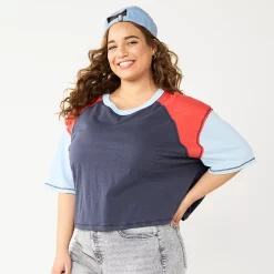 Juniors' Plus Size SO® Short Sleeve Raglan Varsity Tee -Teens shop 5573749 Blueberry Skin