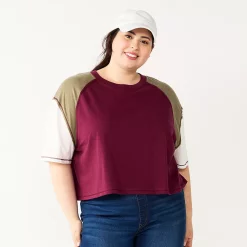 Juniors' Plus Size SO® Short Sleeve Raglan Varsity Tee -Teens shop 5573749 Burgundy Colorblock