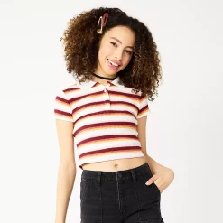 Juniors' SO® Ribbed Cropped Polo -Teens shop 5585810 Red White Stripe