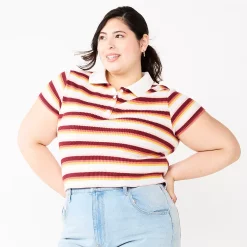 Juniors' Plus Size SO® Ribbed Cropped Polo -Teens shop 5586912 Red White Stripe