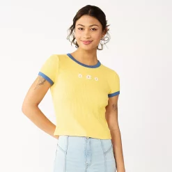 Juniors' SO® Cropped Ribbed Ringer Tee -Teens shop 5588525 Yellow Daisy