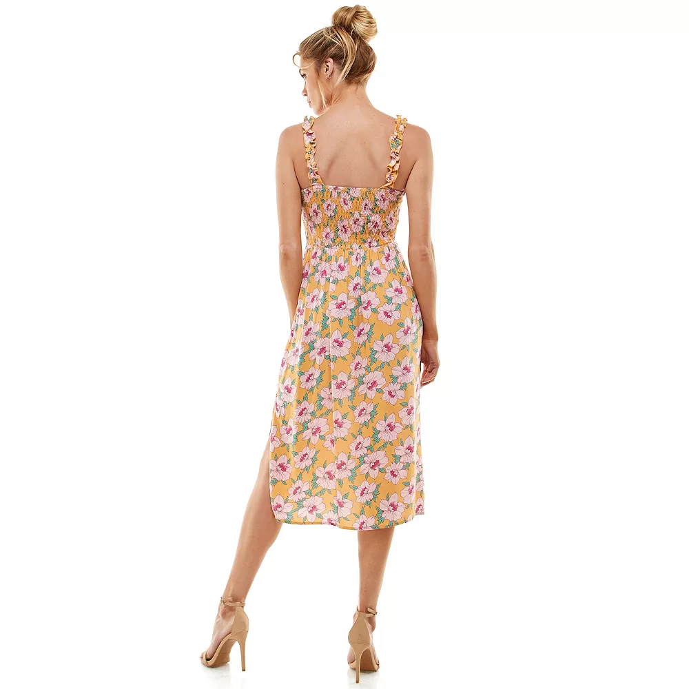 Juniors' As U Wish Shirred Cinch Front Midi Dress 4 Juniors' As U Wish Shirred Cinch Front Midi Dress - Image 2