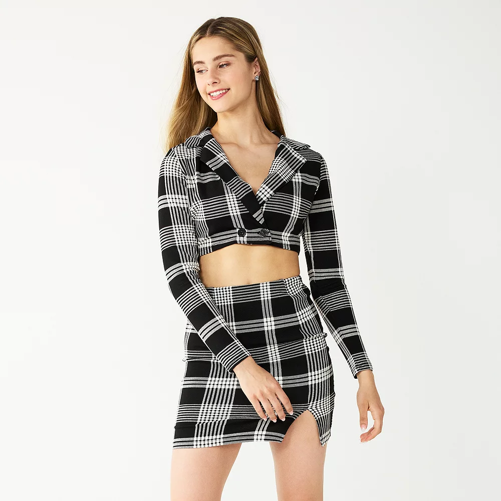Juniors' Almost Famous Plaid Mini Skirt and Cropped Button-Front Shirt Set 3 Juniors' Almost Famous Plaid Mini Skirt and Cropped Button-Front Shirt Set