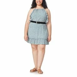 Juniors' Plus Size WallFlower Belted Ruffled Halter Print Dress -Teens shop 5634585 Green Floral