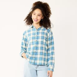 Juniors' SO® Button Front Flannel Top -Teens shop 5646519 Beige Blue Plaid