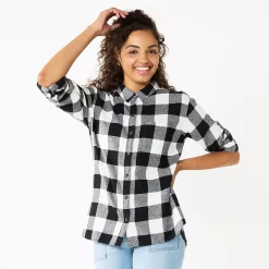 Juniors' SO® Button Front Flannel Top -Teens shop 5646519 Black Buffalo Check