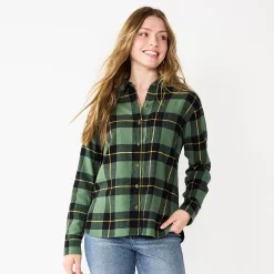 Juniors' SO® Button Front Flannel Top -Teens shop 5646519 Black Olive Plaid