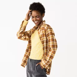 Juniors' SO® Button Front Flannel Top -Teens shop 5646519 Brown Pin Plaid