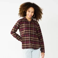 Juniors' SO® Button Front Flannel Top -Teens shop 5646519 Dark Purple Plaid