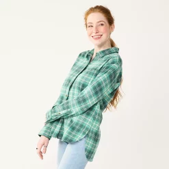 Juniors' SO® Button Front Flannel Top -Teens shop 5646519 Green Plaid