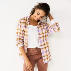 Juniors' SO® Button Front Flannel Top -Teens shop 5646519 Lavender Rust Plaid