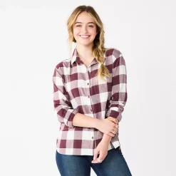 Juniors' SO® Button Front Flannel Top -Teens shop 5646519 Maroon Buffalo Check