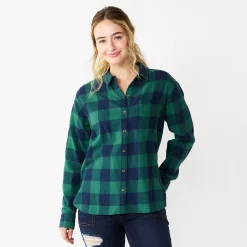 Juniors' SO® Button Front Flannel Top -Teens shop 5646519 Navy Green Buffalo