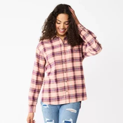Juniors' SO® Button Front Flannel Top -Teens shop 5646519 Pink Plum Plaid