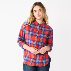 Juniors' SO® Button Front Flannel Top