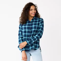 Juniors' SO® Button Front Flannel Top -Teens shop 5646519 Teal Navy Plaid