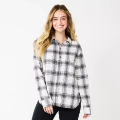 Juniors' SO® Button Front Flannel Top -Teens shop 5646519 White Grey Plaid