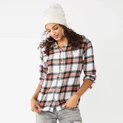 Juniors' SO® Button Front Flannel Top -Teens shop 5646519 White Red Plaid