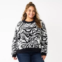 Juniors' Plus Size SO® Fuzzy Cropped Print Sweater -Teens shop 5666507 Black Cream Marble