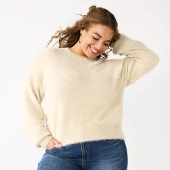 Juniors' Plus Size SO® Fuzzy Cropped Print Sweater -Teens shop 5666507 English Cream