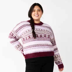 Juniors' Plus Size SO® Fuzzy Cropped Print Sweater