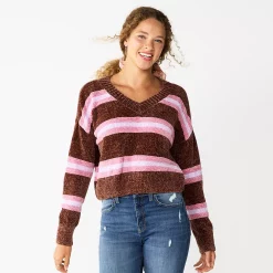 Juniors' SO® V-Neck Chenille Pullover Sweater -Teens shop 5696161 Plum Stripe