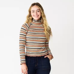 Juniors' SO® Cozy Mockneck Top -Teens shop 5703731 Red Yellow Stripe