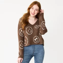 Juniors' SO® Printed V-Neck Pullover Sweater -Teens shop 5726959 Brown Smiley Faces