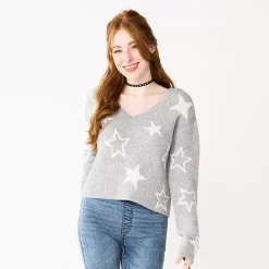 Juniors' SO® Printed V-Neck Pullover Sweater -Teens shop 5726959 Gray Stars