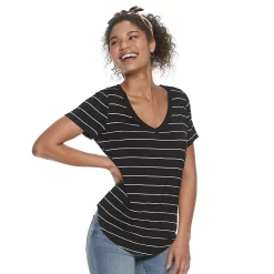 Juniors' SO® Favorite V-Neck Short Sleeve Tee -Teens shop 6142412 Black Kimberly Stripe